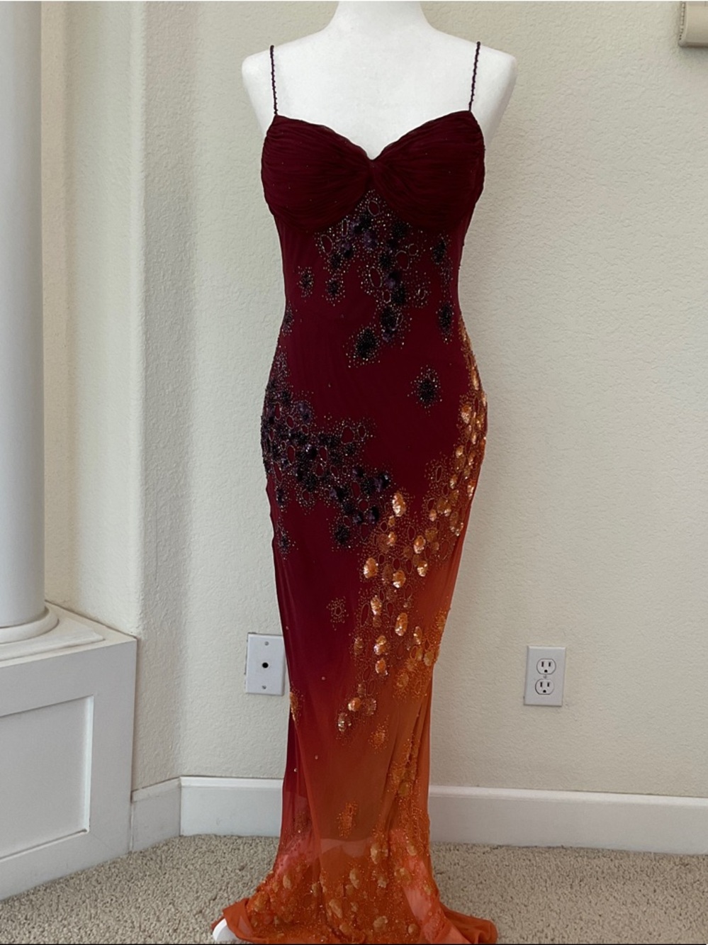 Sue Wong Burgundy and Orange Ombre Beaded Spaghetti-Strap Maxi Dress